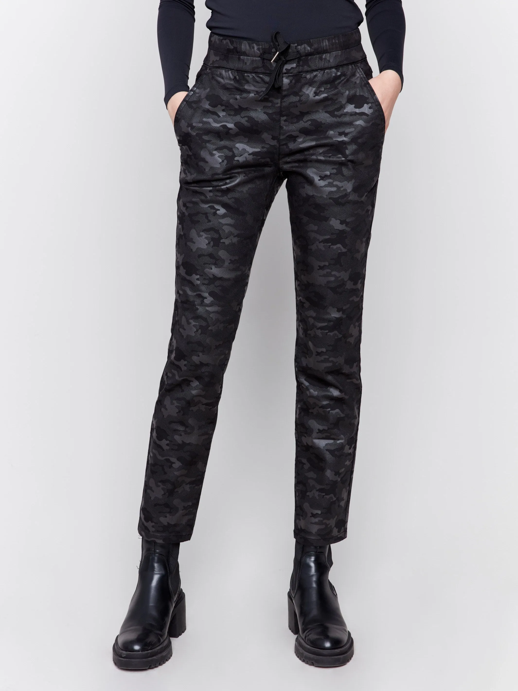 Camo Print Ponte Jogger Pants - Black