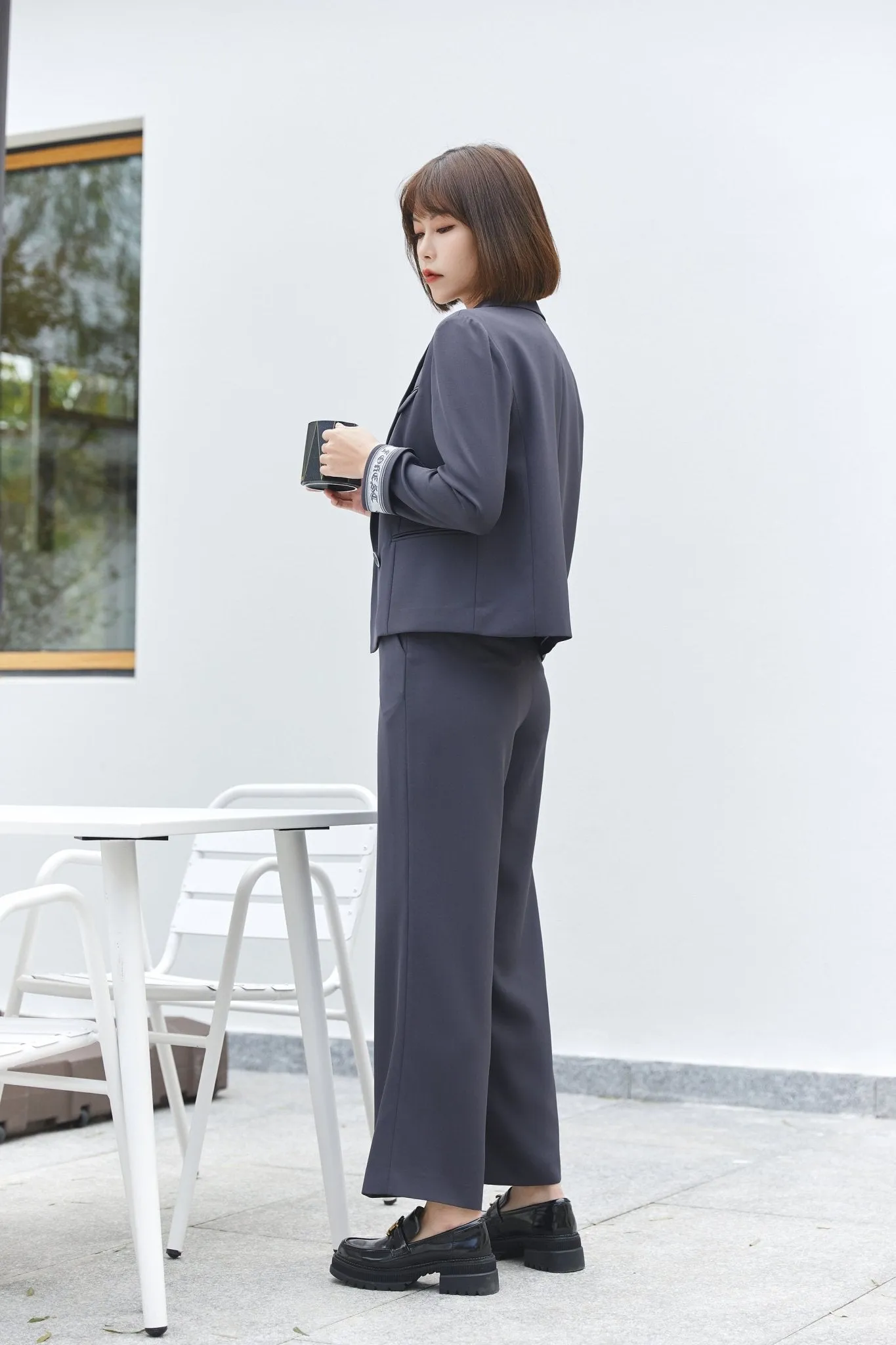 Dark Grey Straight Leg Blazer Suit Pants