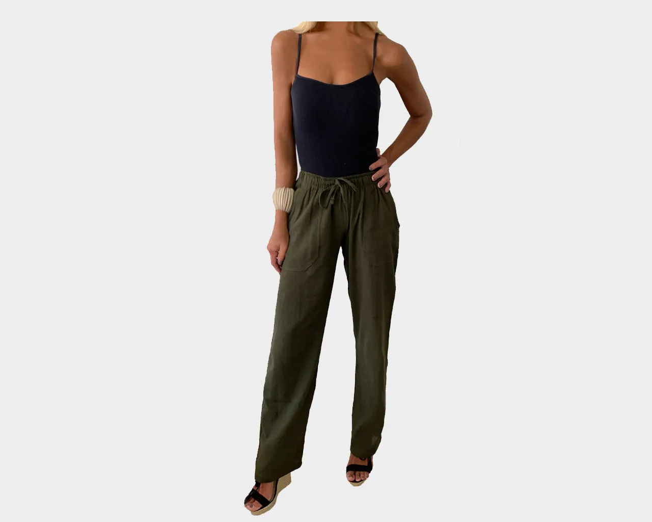 Deep Green Linen Wide-Leg Pants - The Tulum