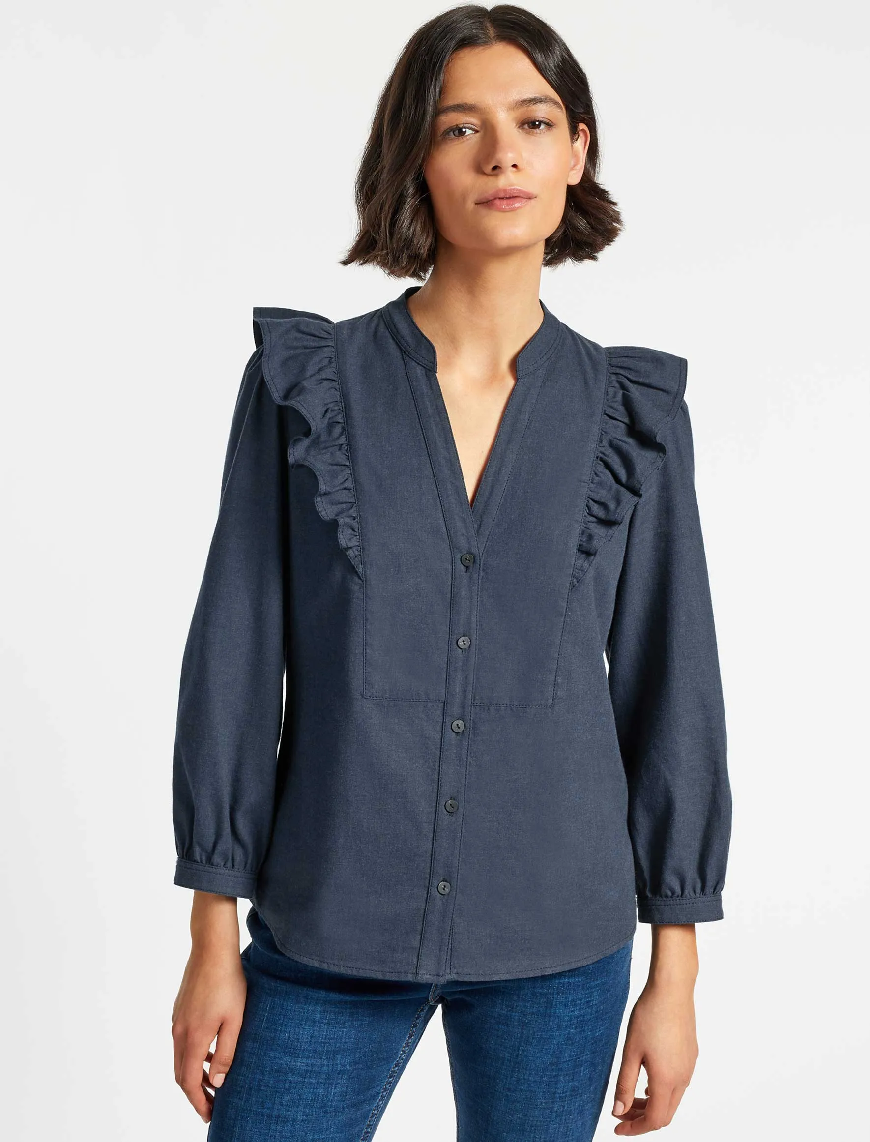 Dixie Brushed Cotton Long Sleeve Frill Shirt - Dark Blue