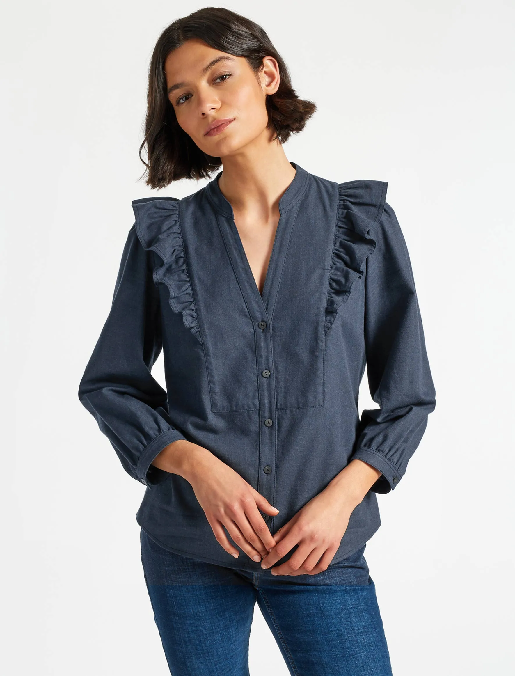 Dixie Brushed Cotton Long Sleeve Frill Shirt - Dark Blue