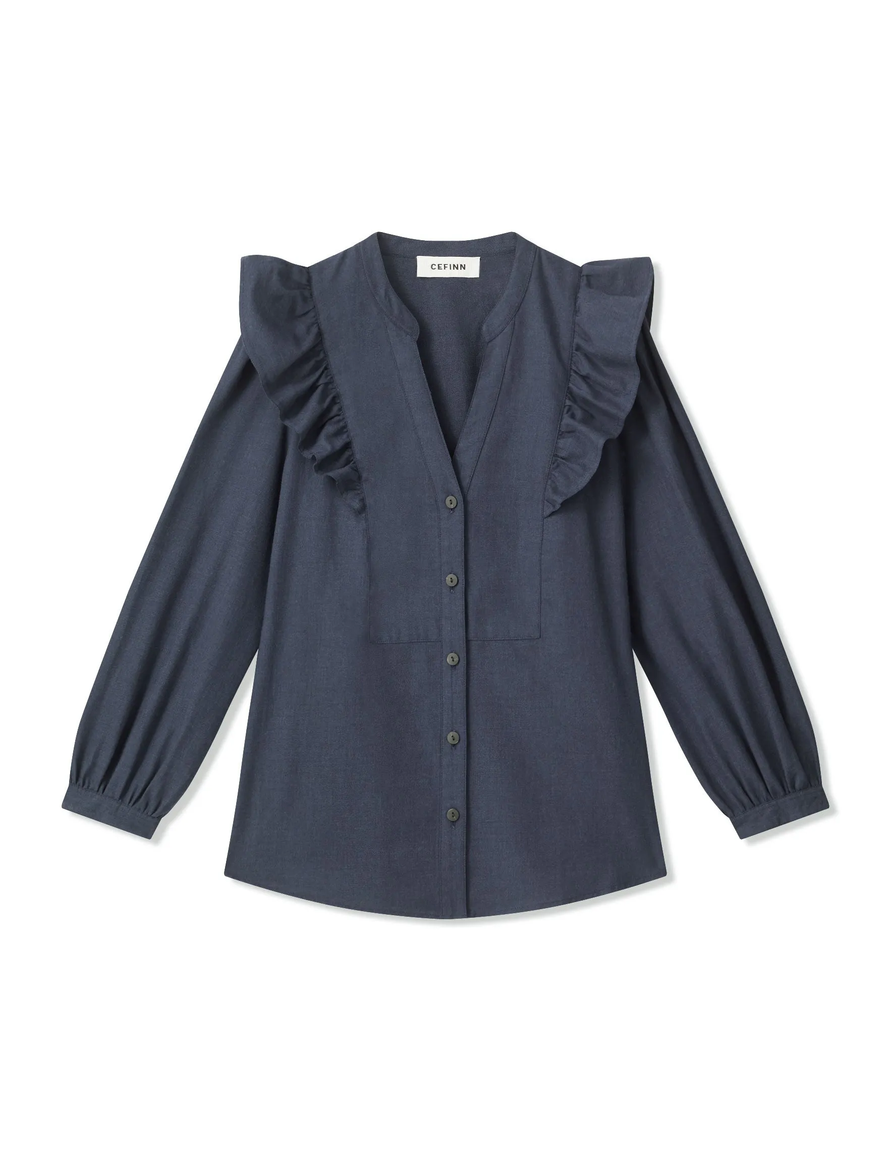 Dixie Brushed Cotton Long Sleeve Frill Shirt - Dark Blue