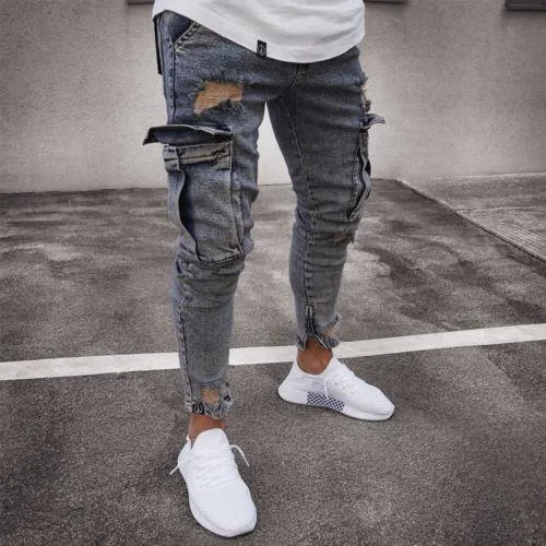 Men Cargo Hole Denim Jeans