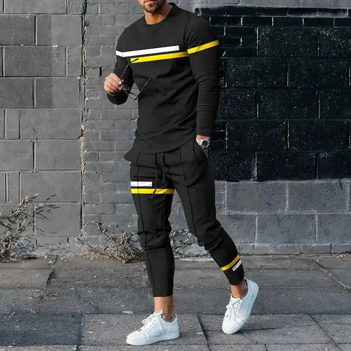 Men's Long Sleeve T-Shirt & Pants Set |Retro Geometry 3D Printed Casual Suit