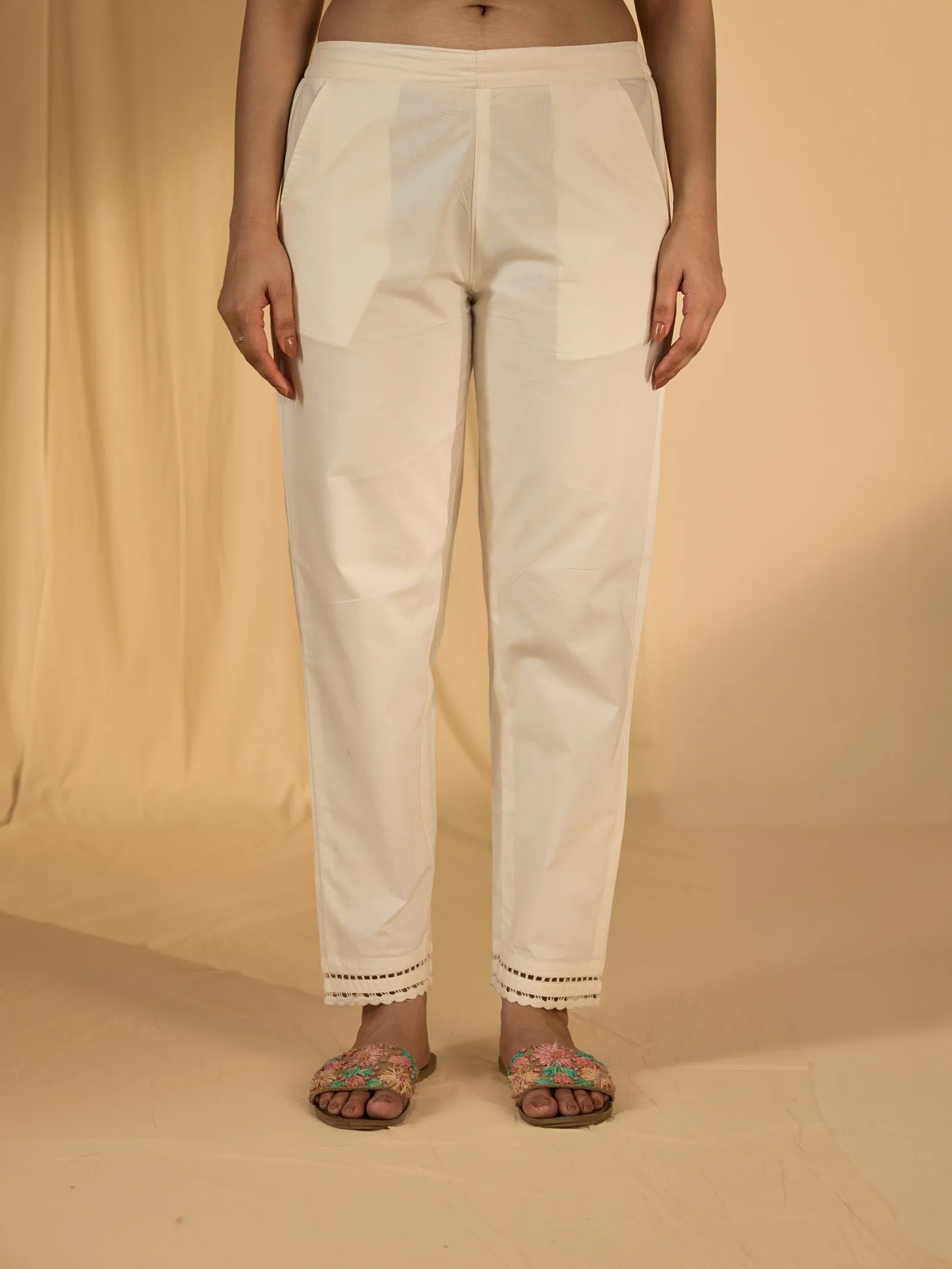 Raw Ecru Plain Cotton Straight Pant