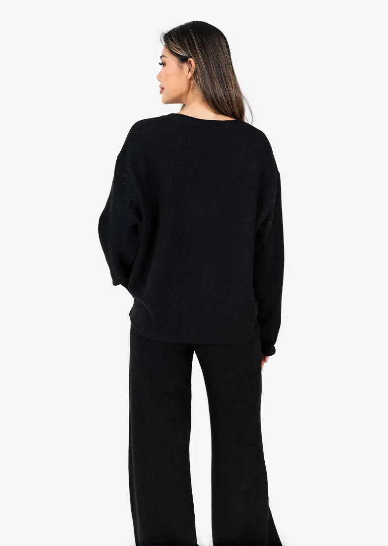 Rib Knit Lounge V-Neck LS Top Black