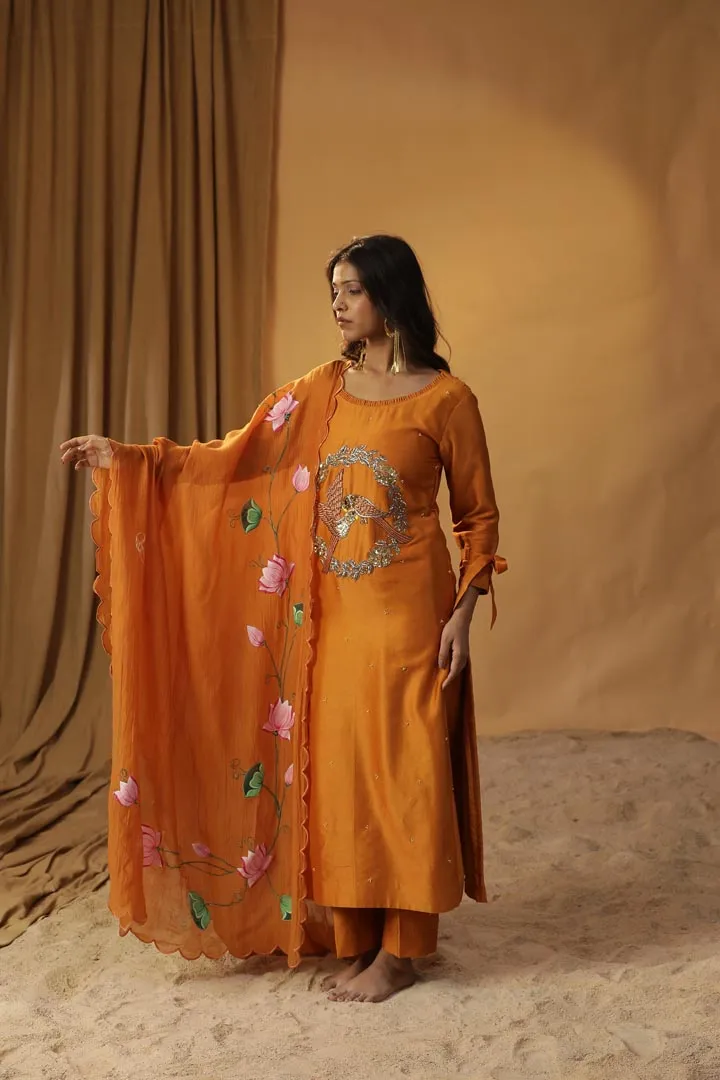 RUST ORANGE BIRD EMBROIDERED SUIT SET