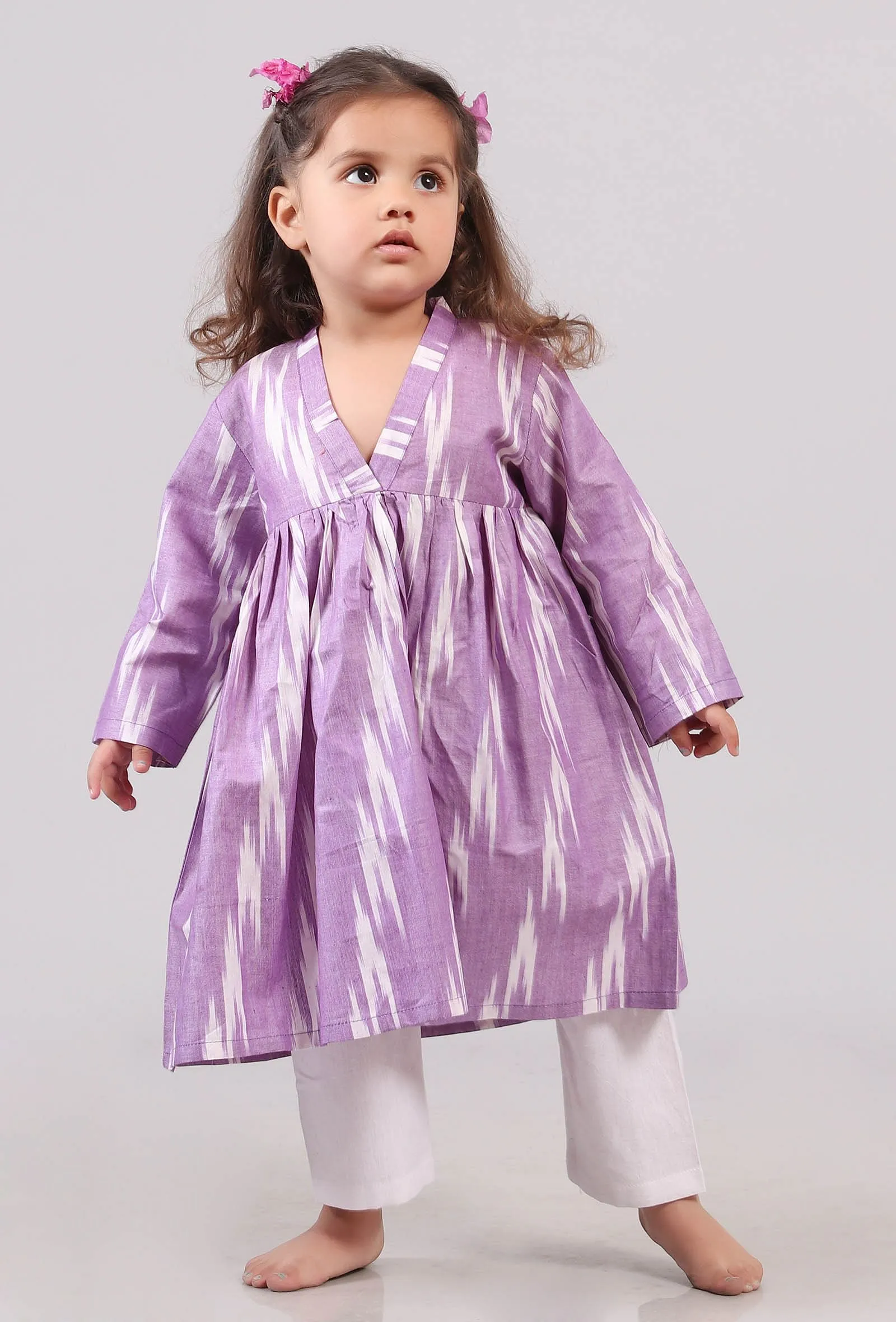 Set of 2: Lilac Ikat Gathered Kurta with Pants