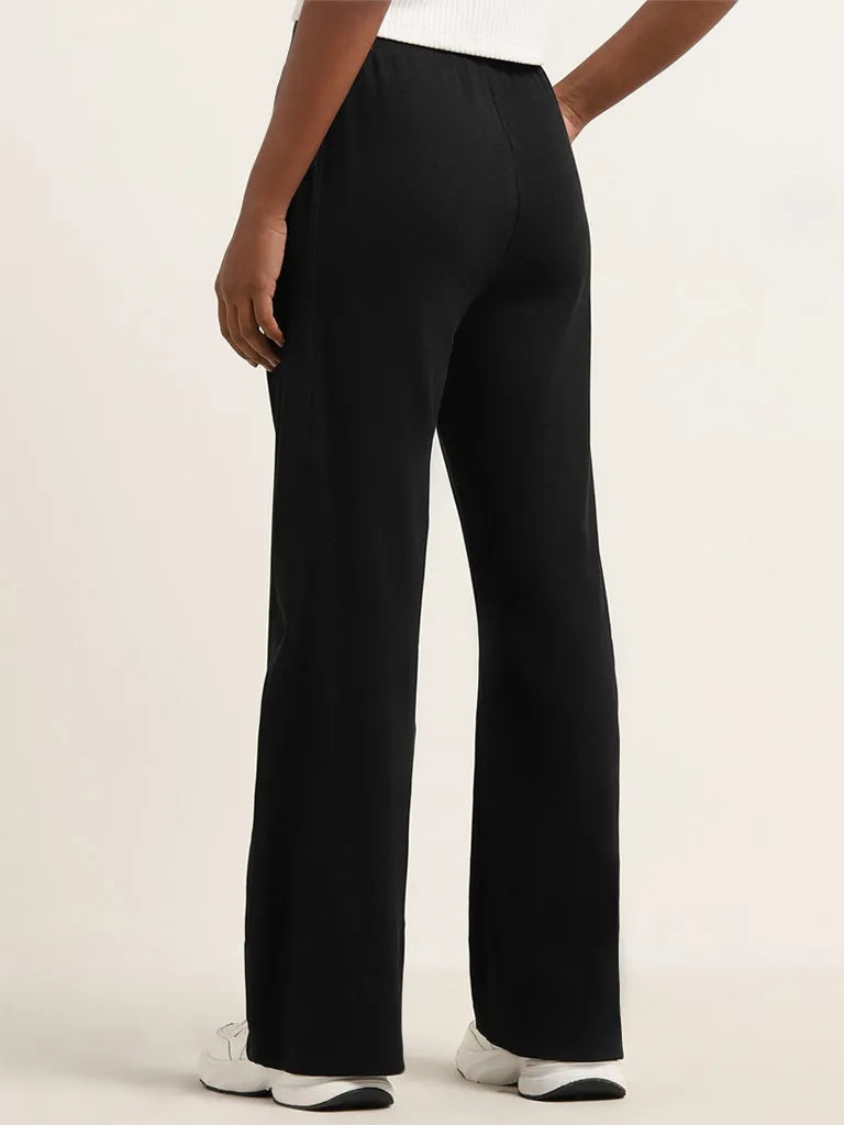 Studiofit Black Solid High-Rise Cotton Blend Track Pants