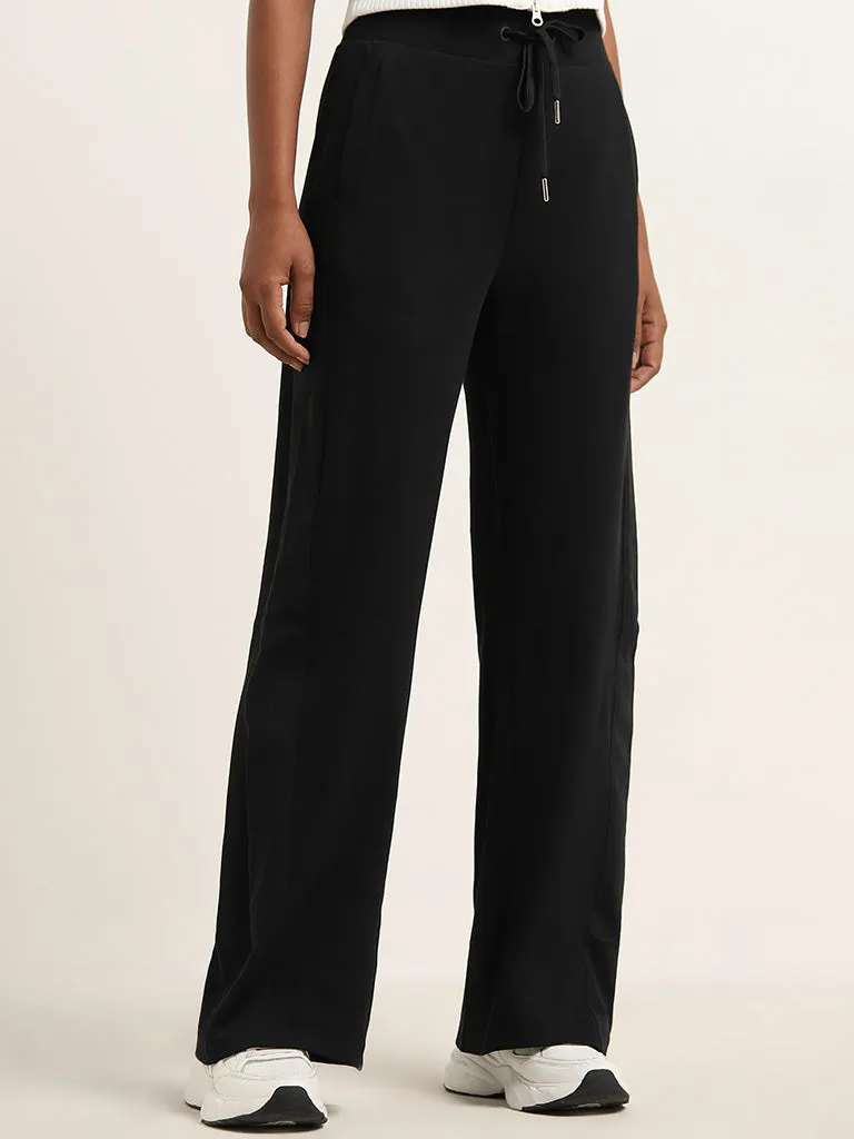 Studiofit Black Solid High-Rise Cotton Blend Track Pants