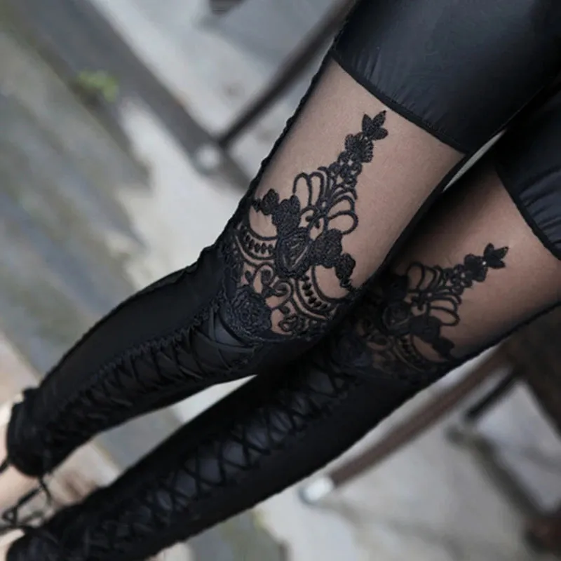 Stylish Sexy Women Faux Leather Gothic Punk Leggings Pants Imitation Lace Skinny Pants Nine-point Trousers Leather Pants Belt