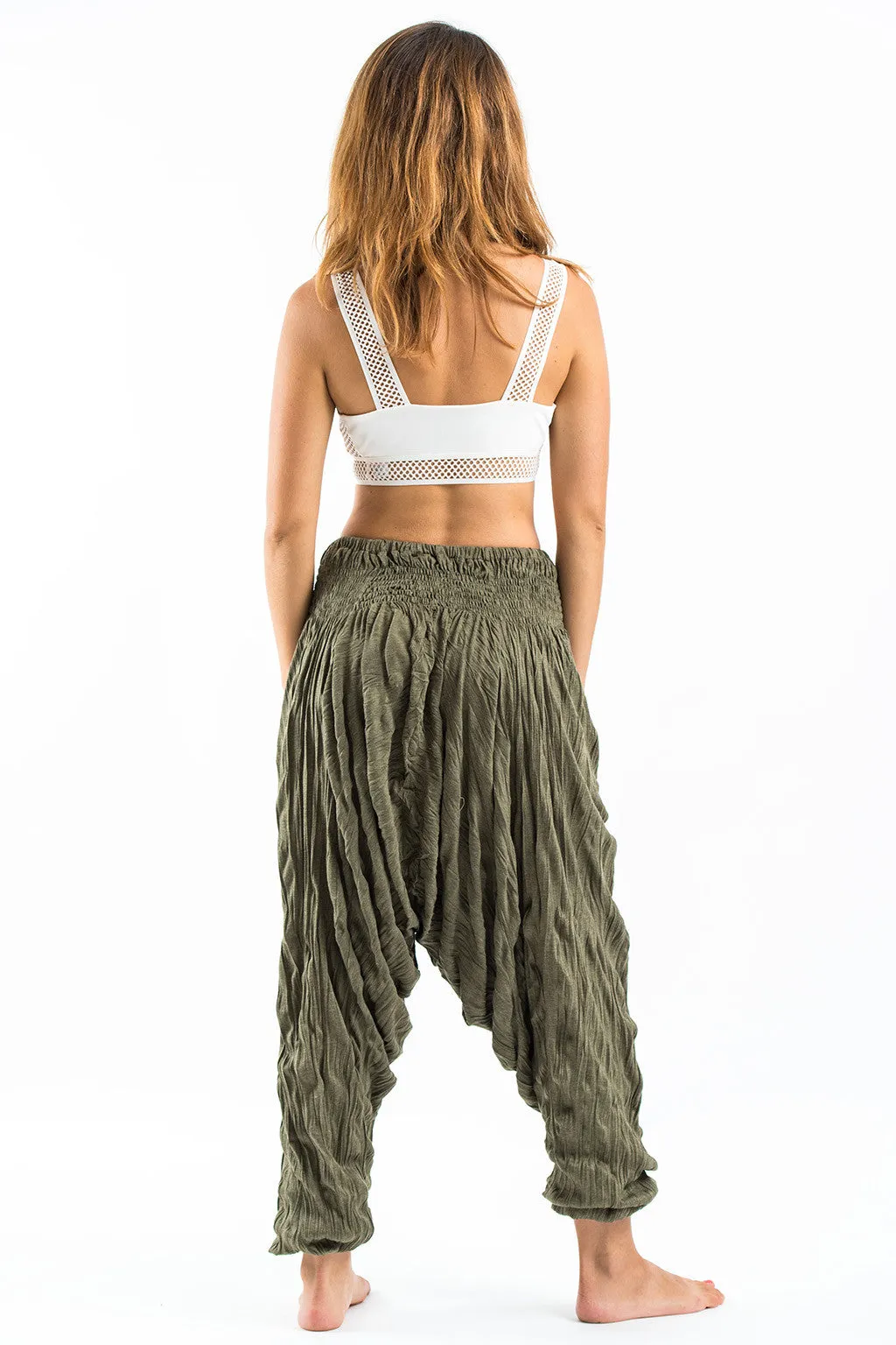 Unisex Crinkled Cotton Harem Pants in Green