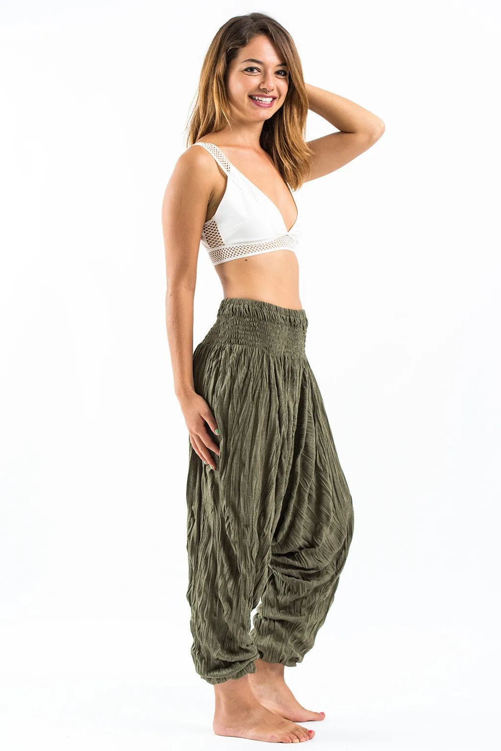 Unisex Crinkled Cotton Harem Pants in Green