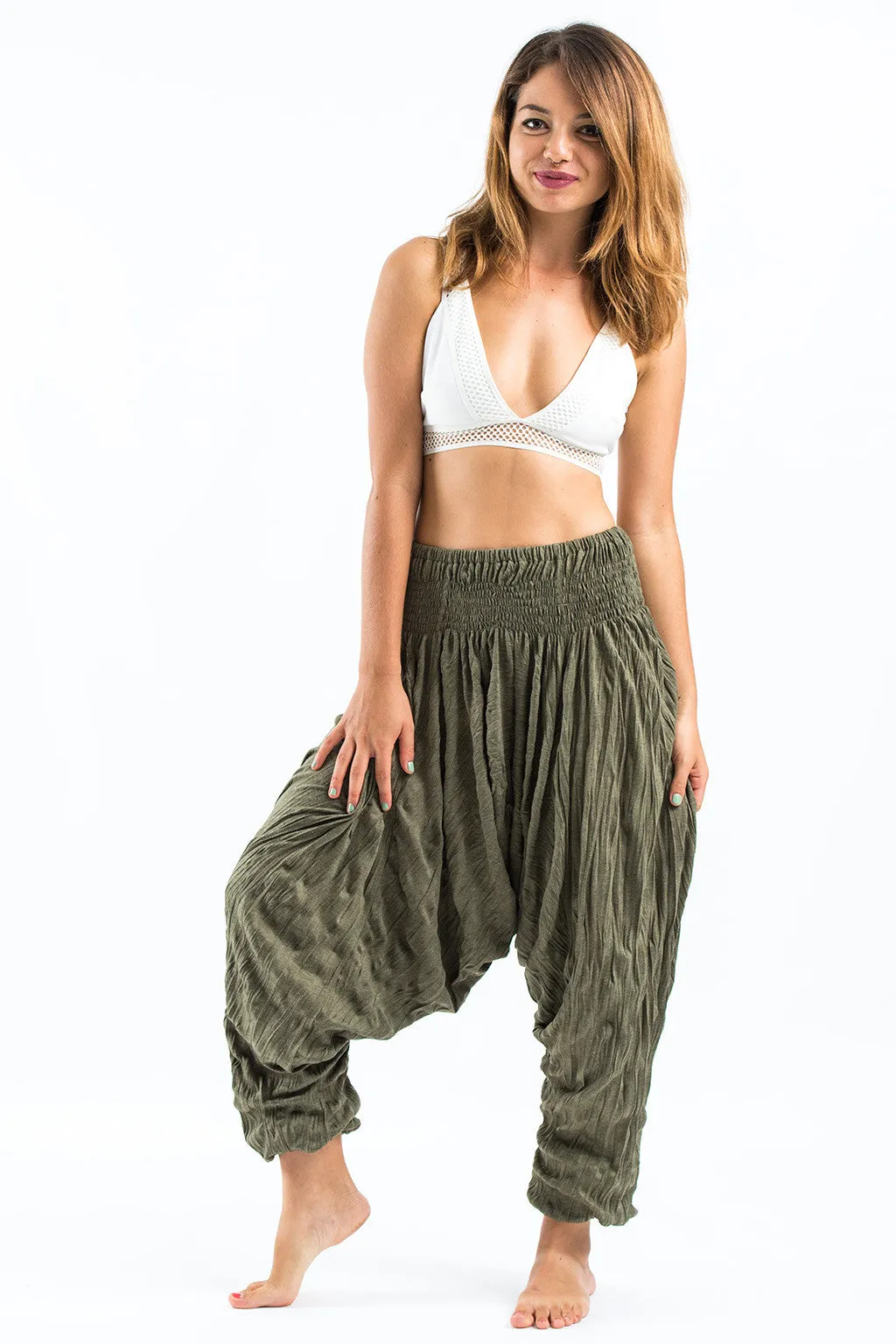 Unisex Crinkled Cotton Harem Pants in Green