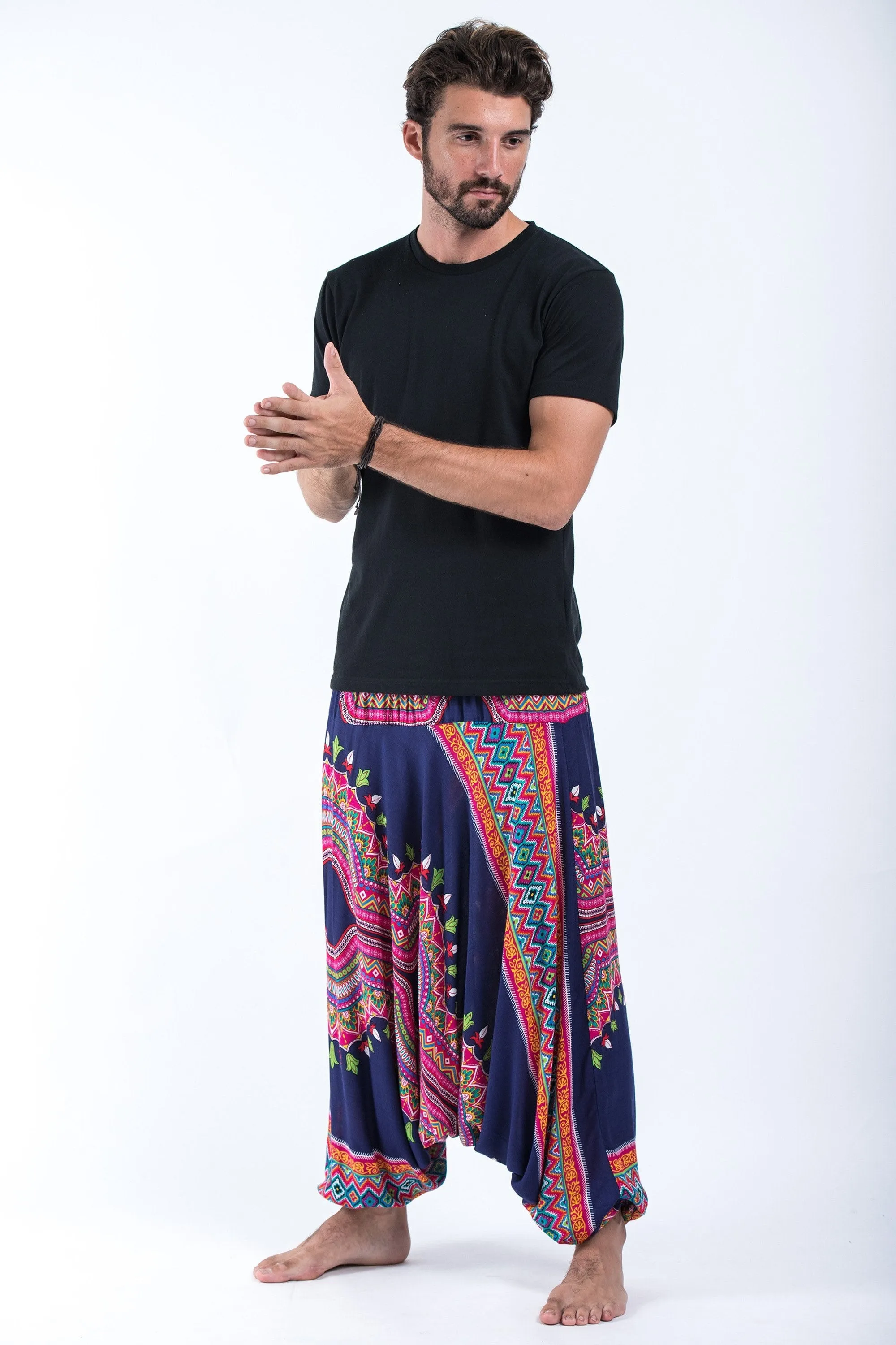 Unisex Dashiki Prints Drop Crotch Jumpsuit Harem Pants in Navy