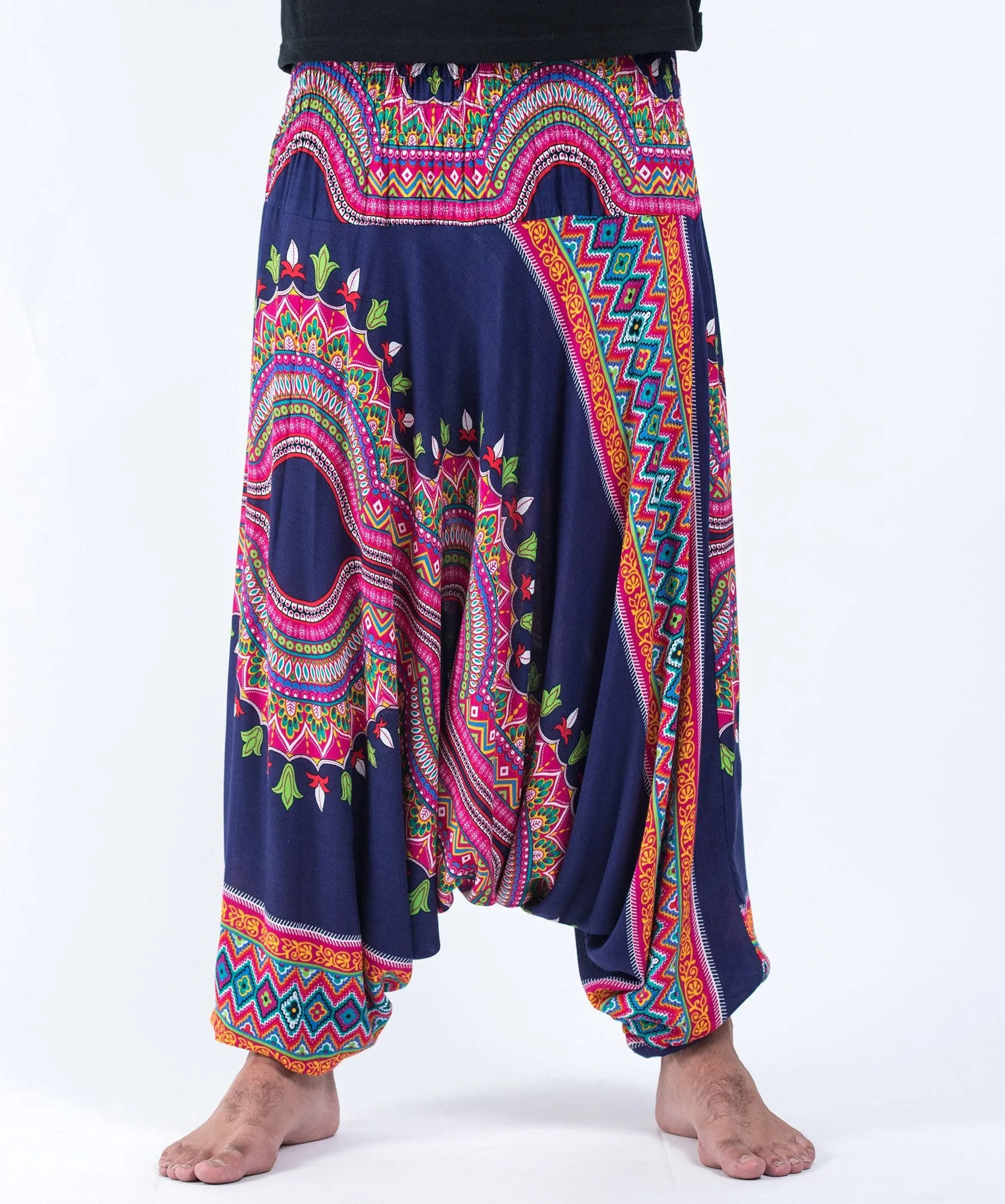 Unisex Dashiki Prints Drop Crotch Jumpsuit Harem Pants in Navy