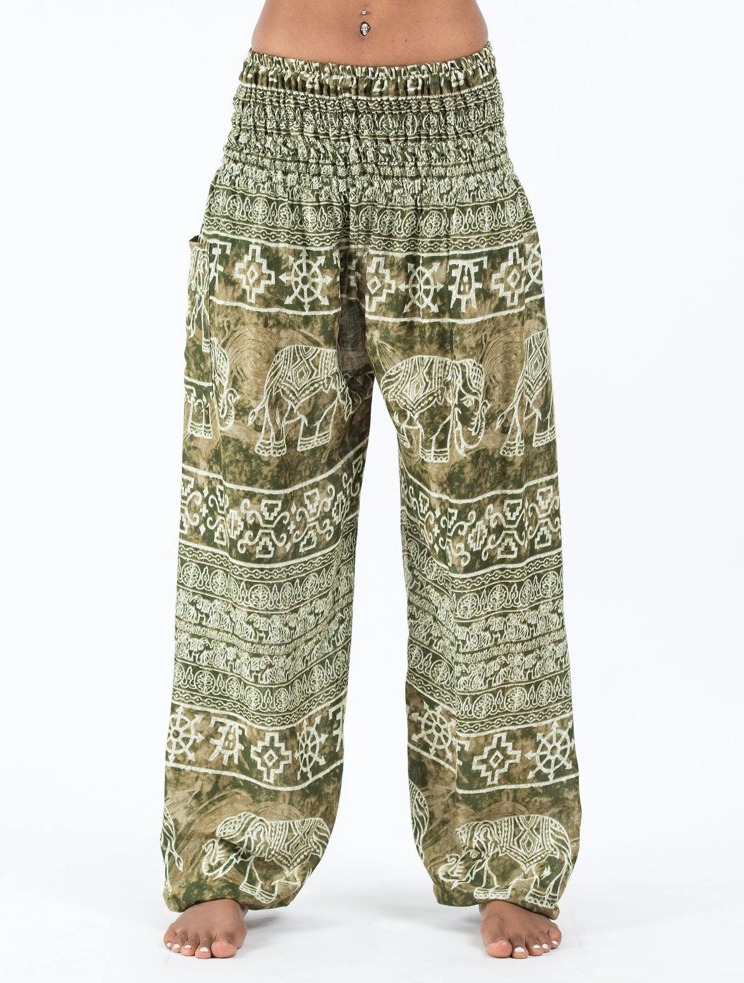 Unisex Marble Elephants Harem Pants in Olive