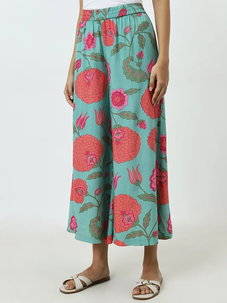 Utsa Light Teal Floral Printed High-Rise Ethnic Pants