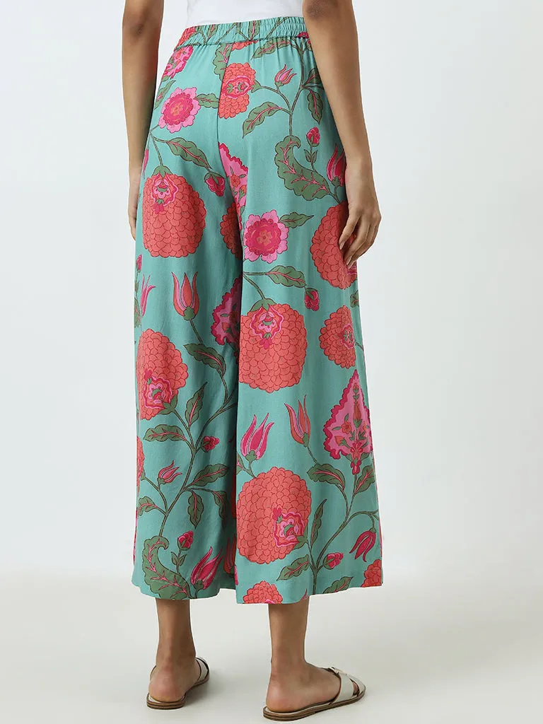 Utsa Light Teal Floral Printed High-Rise Ethnic Pants