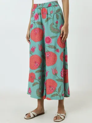 Utsa Light Teal Floral Printed High-Rise Ethnic Pants