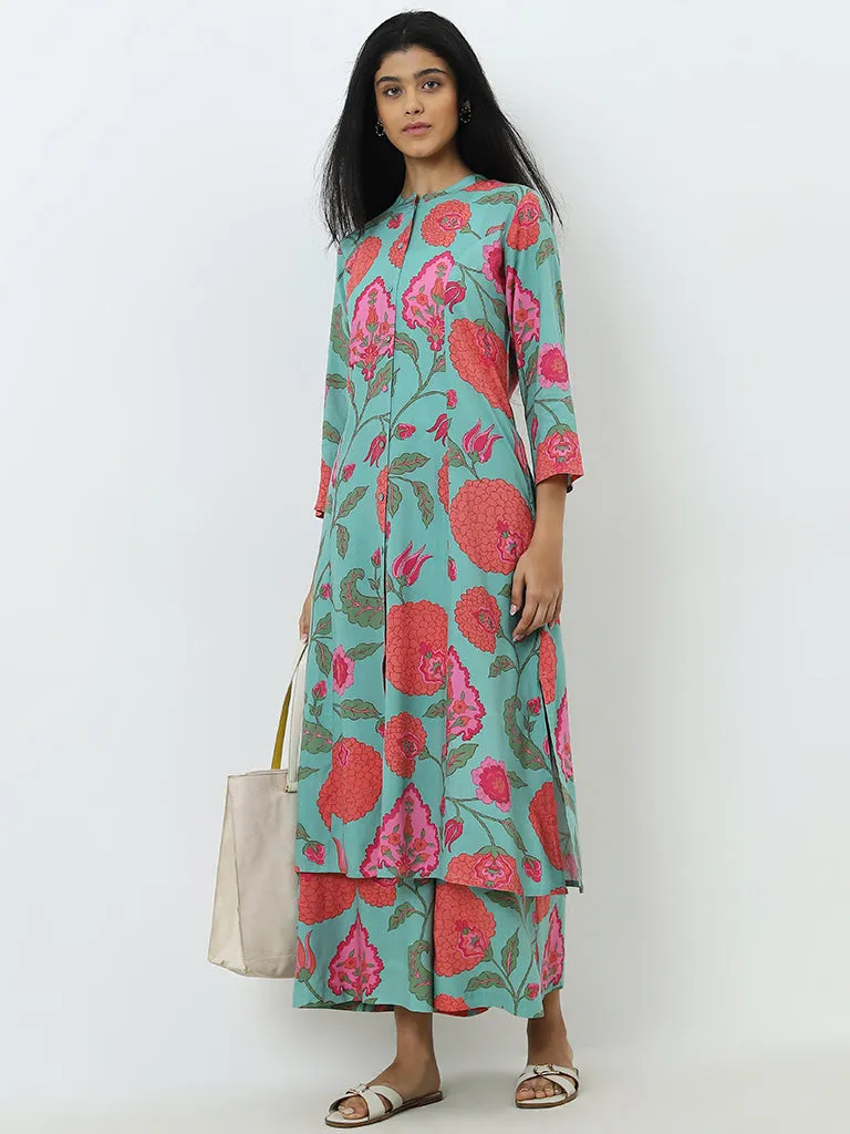 Utsa Light Teal Floral Printed High-Rise Ethnic Pants