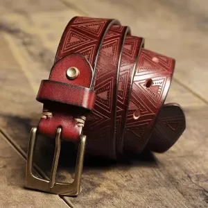 Western Triangular Embossed Pattern Leather Belt