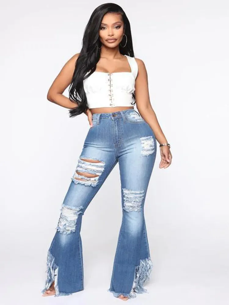 Women Flare Jeans Black Ripped Wide Leg Jeans Denim Trousers Vintage Bell Bottom Jeans High Waist Jean Calca Hole Pants Push Up