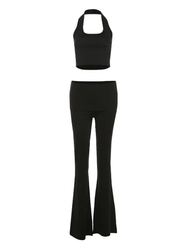 Women's new sexy belly-baring halter neck vest comfortable slim high waist flared trousers suit